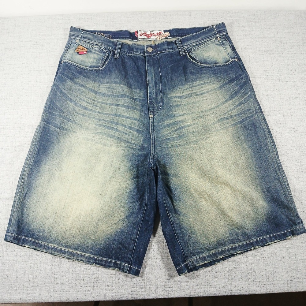 Akademiks Mens Y2K Hip Hop Baggy Embroidered Sunburst Denim Jean Shorts Blue 42